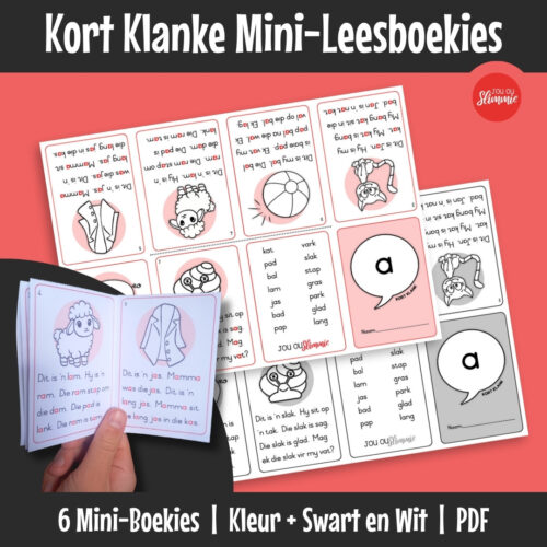 Prettige, voubare mini-boekies wat elkeen slegs op een kort klank fokus sodat die leerder die klank kan vaslê voordat daar na ander klanke beweeg word.