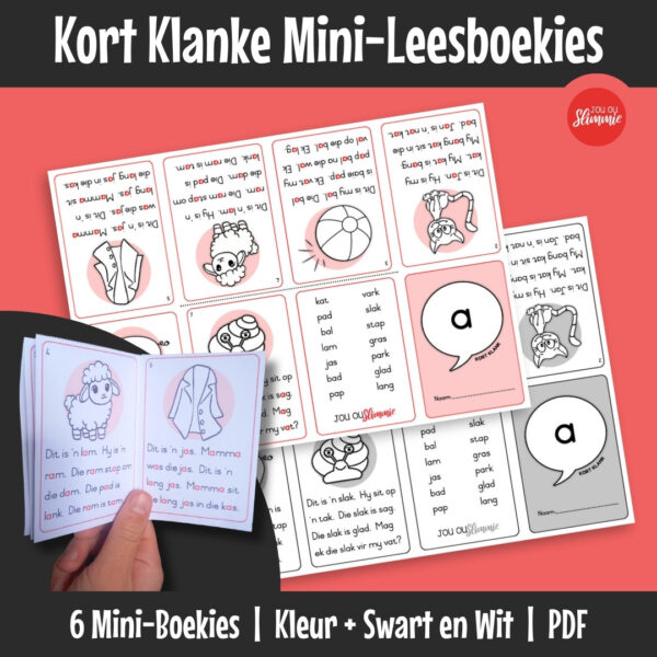 Prettige, voubare mini-boekies wat elkeen slegs op een kort klank fokus sodat die leerder die klank kan vaslê voordat daar na ander klanke beweeg word.