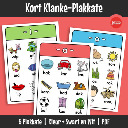 Klankleer-plakkate wat moeilike klankkombinasies visueel ondersteun. Leerders herken en identifiseer kort klanke deur duidelike patroonvoorstelling.