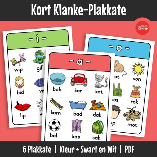 Klankleer-plakkate wat moeilike klankkombinasies visueel ondersteun. Leerders herken en identifiseer kort klanke deur duidelike patroonvoorstelling.