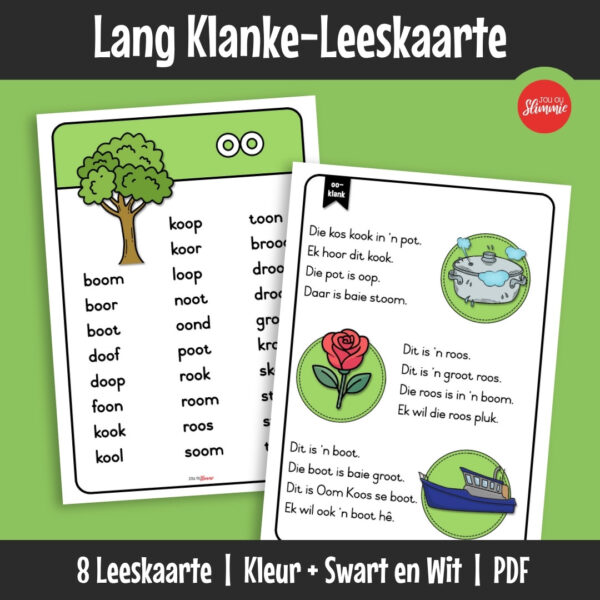 ’n Stel leeskaarte wat leerders help om lang klanke te oefen deur woorde en eenvoudige sinne te lees. Bou leesvloei en selfvertroue deur gereelde inoefening.