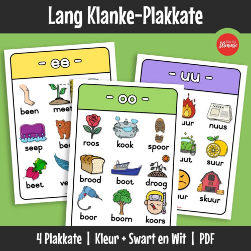 Klankleer-plakkate wat moeilike klankkombinasies visueel ondersteun. Leerders herken en identifiseer lang klanke deur duidelike patroonvoorstelling.