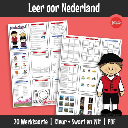 Ontdek Nederland – ’n land bekend vir sy kanale, windpompe en ryk kultuur. Werk met kaarte, simbole, diere, historiese en interessante feite om die land beter te verstaan.