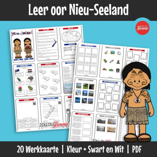Ontdek Nieu-Seeland – ’n land van indrukwekkende natuur, eilande en unieke kultuur. Werk met kaarte, simbole, diere, historiese en interessante feite om die land beter te verstaan.