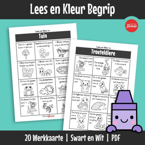Inkleur-en-lees werkkaarte waar leerders instruksies lees en die prente volgens die sinne inkleur. Dit help met leesbegrip en die volg van instruksies.