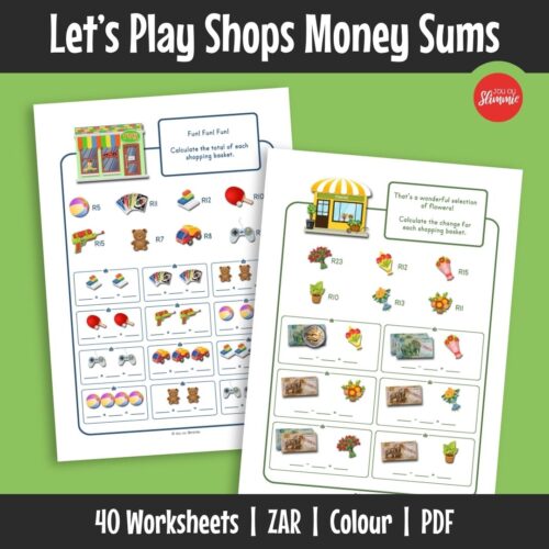 A set of shopping-themed worksheets designed to practise money calculations using new South African currency. Learners solve money sums involving different mathematical operations.