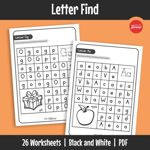 This is a letter recognition workbook where learners search for, colour, and trace letters. It helps practise both uppercase and lowercase letters.