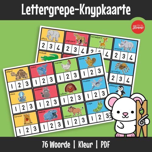 ’n Interaktiewe aktiwiteit wat kinders help om lettergrepe in woorde te herken en te tel. Gebruik wasgoedpennetjies of skuifspelde om die korrekte aantal lettergrepe aan te dui.