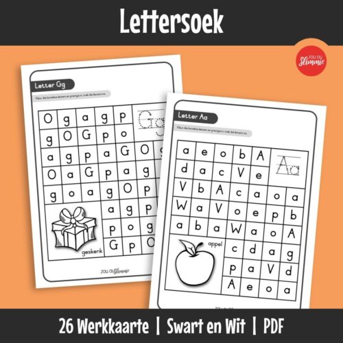 Hierdie is ’n letterherkenning-werkboek waar leerders die regte letters soek, inkleur en natrek. Dit help om hoofletters en kleinletters te oefen.