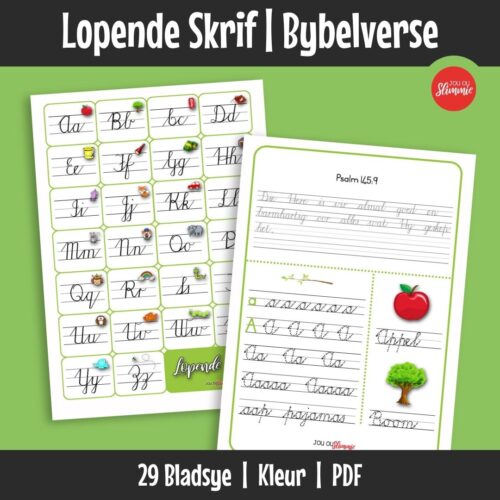 ’n Lopende skrif-werkboek met ’n natuur- en Bybelvers-tema, ontwerp om handskrif te oefen en lopende skrif te lees deur betekenisvolle aanhalings.