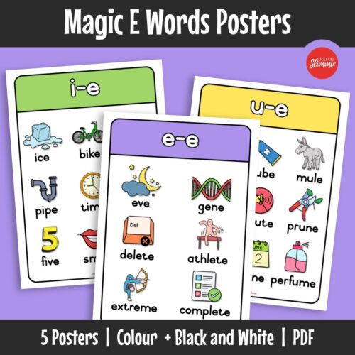 Magic E posters showing how silent e changes short vowels into long vowel sounds. Learners see how adding a final “e” changes word pronunciation.
