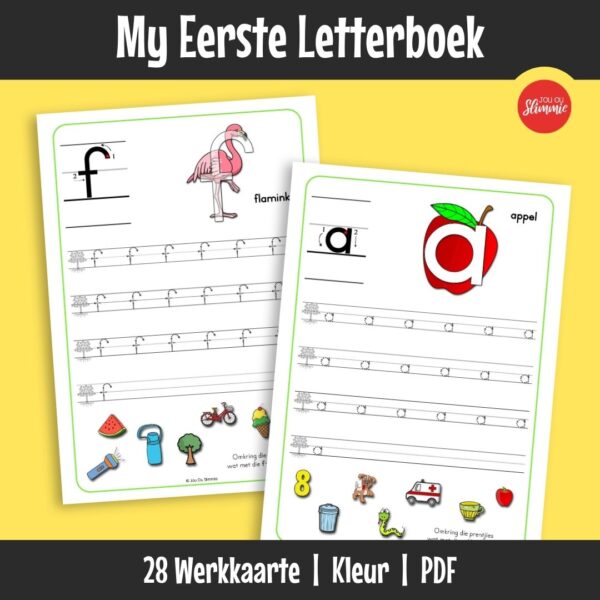 Hierdie is ’n skrifwerkboek vir beginners wat kleinletters leer skryf. Leerders oefen lettervorming met visuele en klankondersteuning.