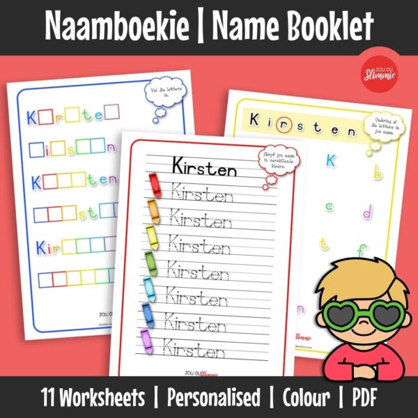 A personalised booklet that helps learners learn to write their own name through fun activities. Learners practise their name step by step using simple, repeated exercises.