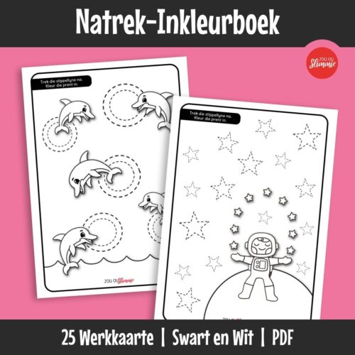 Hierdie natrek-inkleurboek bied prettige aktiwiteite om potloodbeheer te ontwikkel. Leerders volg lyne en kleur prente in om fyn motoriese vaardighede te versterk.
