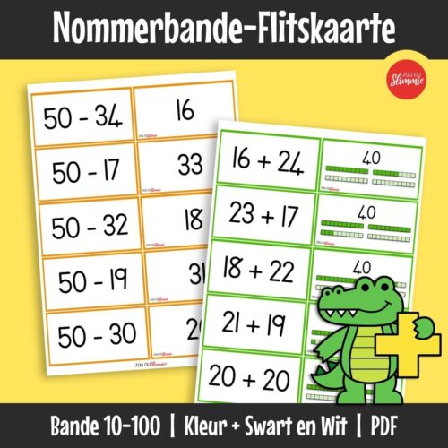 Self-korrigerende nommerbande-flitskaarte help kinders om optel en aftrek onafhanklik te oefen. Leerders kan hul antwoorde agter op elke kaart nagaan vir onmiddellike terugvoer.