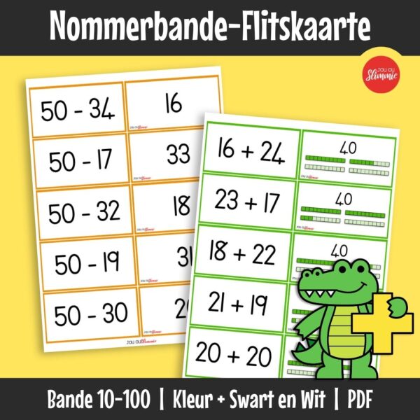 Self-korrigerende nommerbande-flitskaarte help kinders om optel en aftrek onafhanklik te oefen. Leerders kan hul antwoorde agter op elke kaart nagaan vir onmiddellike terugvoer.
