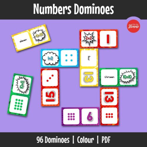 A game to practise numbers, number names, and basic sums by connecting domino tiles.