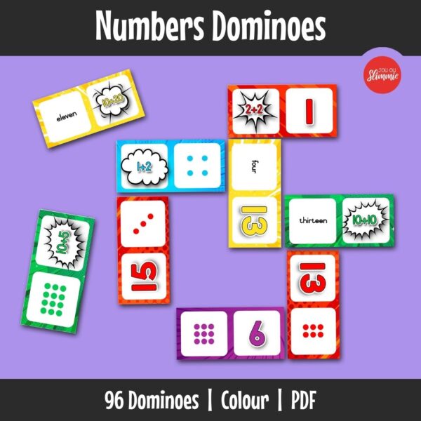 A game to practise numbers, number names, and basic sums by connecting domino tiles.