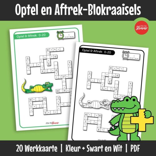 ’n Versameling wiskunde-blokraaie wat optel- en aftrekvaardighede op ’n prettige manier inoefen. Leerders los somme op en gebruik probleemoplossing om die blokraaie te voltooi.