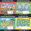 This bundle includes four phonics board games designed to practise different word patterns through interactive language activities. Learners read, spell, draw, and respond to word-based tasks while playing structured board games.
