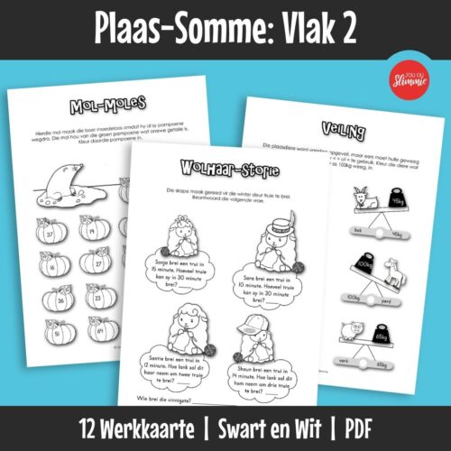 ’n Wiskunde-aktiwiteitsboekie met ’n prettige plaas-tema. Dit kan gebruik word vir inoefening, verryking en hersiening van basiese wiskundevaardighede en dek hoofsaaklik Graad 2 werk.