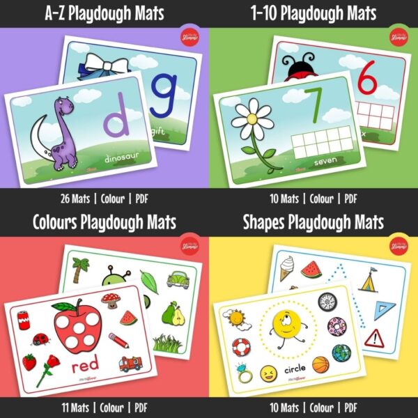 A bundle of four fun playdough mat sets that help learners learn letters, numbers, shapes, and colours through hands-on playdough activities.