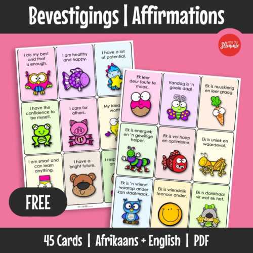 A set of positive affirmation cards in Afrikaans and English to encourage confidence, kindness, gratitude, and emotional wellbeing. Use them at home or in the classroom to create positive daily routines and encouraging moments for learners.