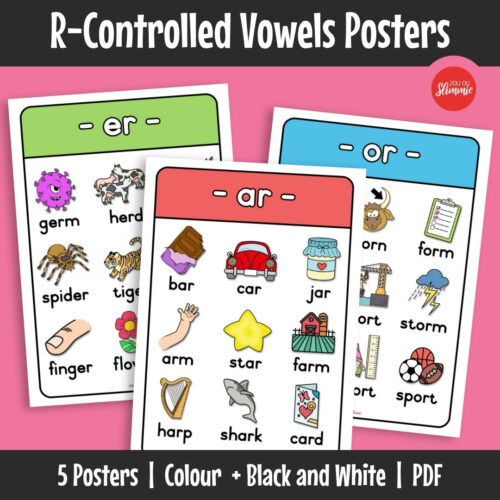 This poster set focuses on r-controlled vowel patterns (ar, er, ir, or, ur), helping learners see how the “r” changes vowel sounds in everyday words.