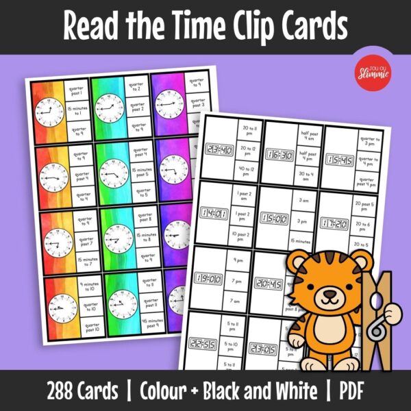 A clip card set that helps learners practise telling time using analogue clocks, digital clocks, and time in words.