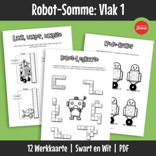 ’n Wiskunde-aktiwiteitsboekie met ’n prettige robot-tema. Dit kan gebruik word vir inoefening, verryking en hersiening van basiese wiskundevaardighede en dek hoofsaaklik Graad 1 werk.