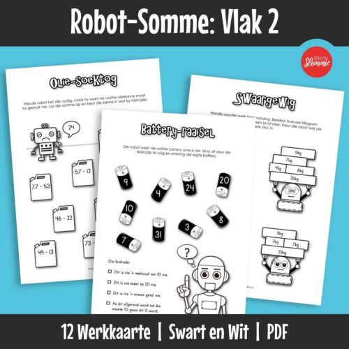 ’n Wiskunde-aktiwiteitsboekie met ’n prettige robot-tema. Dit kan gebruik word vir inoefening, verryking en hersiening van basiese wiskundevaardighede en dek hoofsaaklik Graad 2 werk.