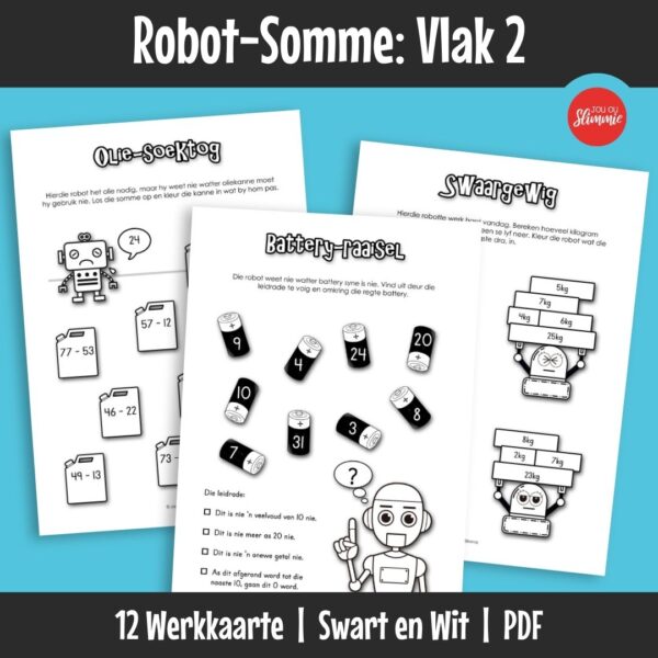 ’n Wiskunde-aktiwiteitsboekie met ’n prettige robot-tema. Dit kan gebruik word vir inoefening, verryking en hersiening van basiese wiskundevaardighede en dek hoofsaaklik Graad 2 werk.