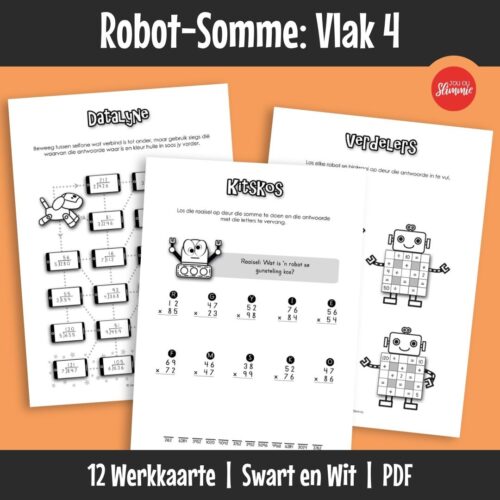 ’n Wiskunde-aktiwiteitsboekie met ’n prettige robot-tema. Dit kan gebruik word vir inoefening, verryking en hersiening van basiese wiskundevaardighede en dek hoofsaaklik Graad 4 werk.