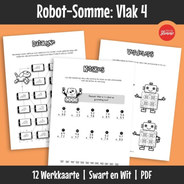 ’n Wiskunde-aktiwiteitsboekie met ’n prettige robot-tema. Dit kan gebruik word vir inoefening, verryking en hersiening van basiese wiskundevaardighede en dek hoofsaaklik Graad 4 werk.