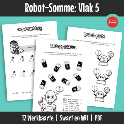 ’n Wiskunde-aktiwiteitsboekie met ’n prettige robot-tema. Dit kan gebruik word vir inoefening, verryking en hersiening van basiese wiskundevaardighede en dek hoofsaaklik Graad 5 werk.