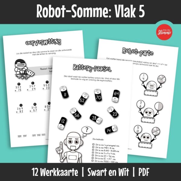 ’n Wiskunde-aktiwiteitsboekie met ’n prettige robot-tema. Dit kan gebruik word vir inoefening, verryking en hersiening van basiese wiskundevaardighede en dek hoofsaaklik Graad 5 werk.