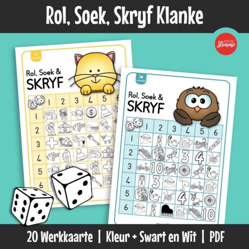 ’n Dobbelsteen-lees- en skryfaktiwiteit wat kinders help om klanke in woorde te herken, bou en toepas. Leerders rol, soek en skryf woorde met kort, lang, twee- en drieklankpatrone.