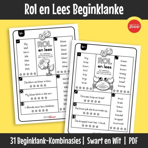 Dobbelsteen-leesspeletjies wat kinders help om woorde met beginklank-kombinasies vlotter te lees. Leerders rol, lees en herhaal woorde op ’n speelse manier om klankpatrone te versterk.