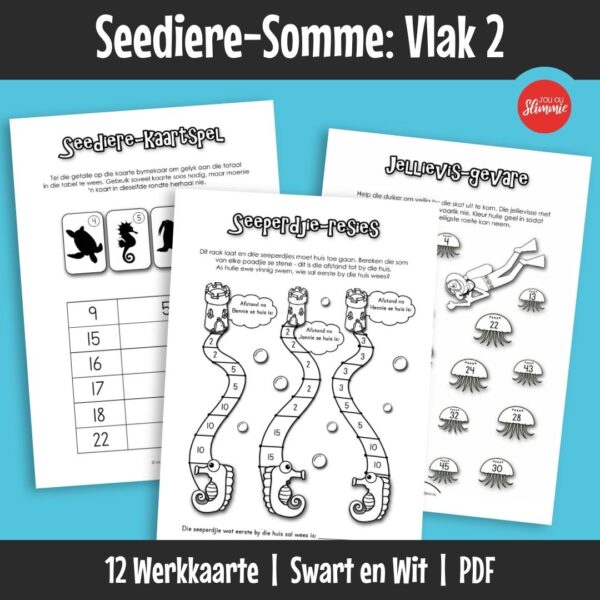 Seediere Somme Vlak 2 ’n Wiskunde-aktiwiteitsboekie met ’n prettige seediere-tema. Dit kan gebruik word vir inoefening, verryking en hersiening van basiese wiskundevaardighede en dek hoofsaaklik Graad 2 werk.