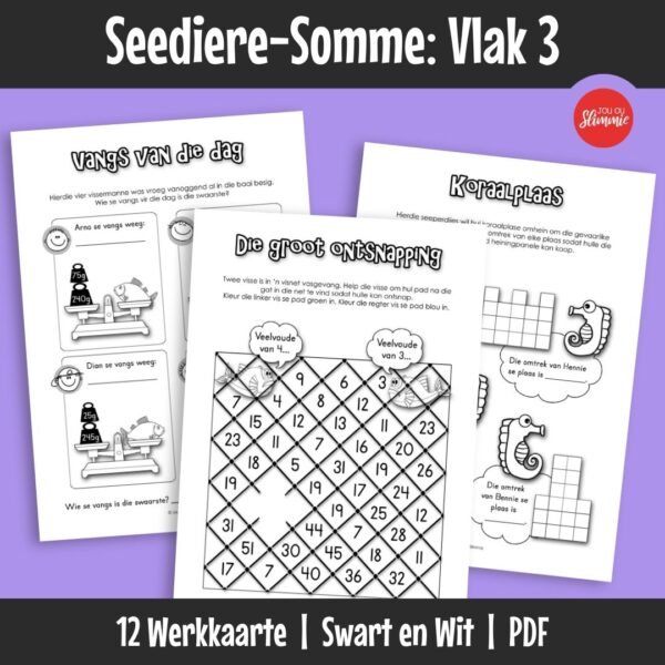 Seediere Somme Vlak 3 ’n Wiskunde-aktiwiteitsboekie met ’n prettige seediere-tema. Dit kan gebruik word vir inoefening, verryking en hersiening van basiese wiskundevaardighede en dek hoofsaaklik Graad 3 werk.