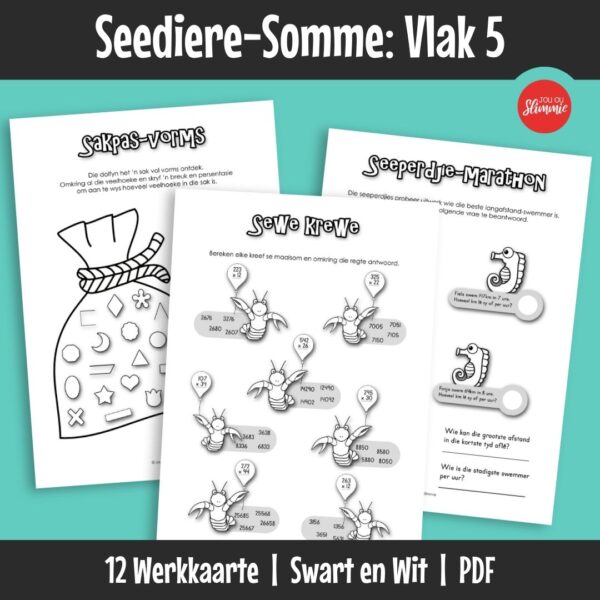 ’n Wiskunde-aktiwiteitsboekie met ’n prettige seediere-tema. Dit kan gebruik word vir inoefening, verryking en hersiening van basiese wiskundevaardighede en dek hoofsaaklik Graad 5 werk.