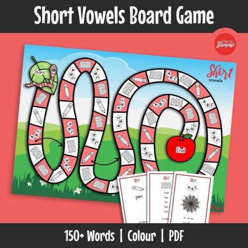 This board game is designed to practise short vowel words through interactive language activities. Learners read, spell, and respond to word-based tasks while moving through the game board.