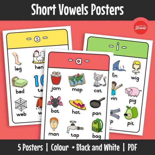 Short vowel posters covering the basic vowel sounds in early phonics. Learners identify and recognise short vowel sounds in common words.