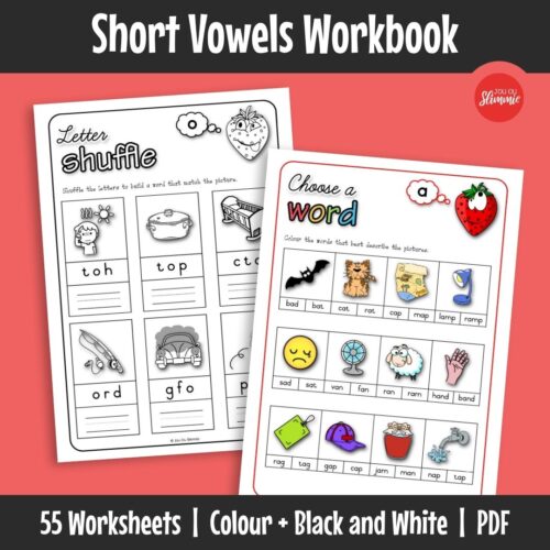A fun workbook to practise words with short vowels. Learners build reading and phonics skills through simple step-by-step activities.