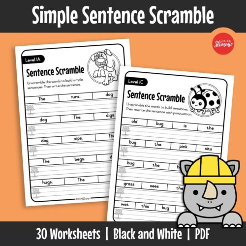 Build confidence in sentence construction by rearranging words to form simple sentences. The worksheets start with strong support and become gradually more challenging with fewer clues.