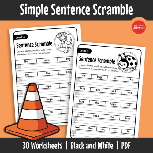 Build confidence in sentence construction by rearranging words to form simple sentences. The worksheets start with strong support and become gradually more challenging with fewer clues.