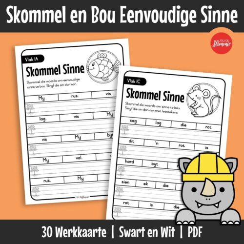 Bou selfvertroue met sinsbou deur woorde te herrangskik om eenvoudige sinne te vorm. Die werkkaarte begin maklik en raak geleidelik meer uitdagend met minder leidrade.