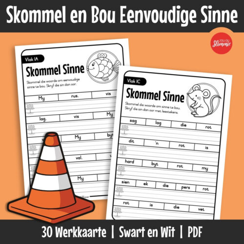 Bou selfvertroue met sinsbou deur woorde te herrangskik om eenvoudige sinne te vorm. Die werkkaarte begin maklik en raak geleidelik meer uitdagend met minder leidrade.
