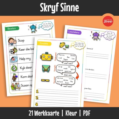 ’n Werkboek wat leerders help om skryfvaardighede te ontwikkel deur kort sinne te bou en dit met beskrywende woorde uit te brei.