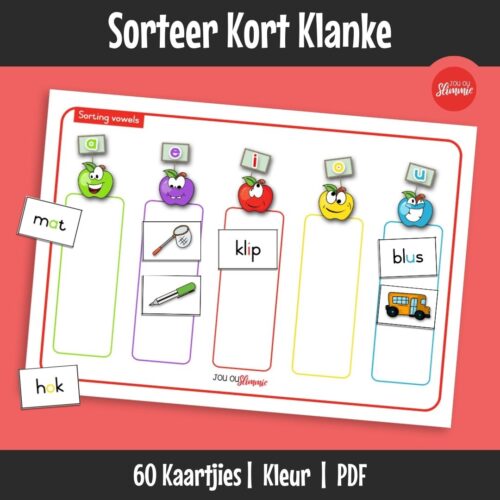 Hierdie is ’n sorteeroefening waar leerders woorde en prentjies uitknip en volgens klinkers sorteer. Dit help om kort klank-herkenning te versterk.